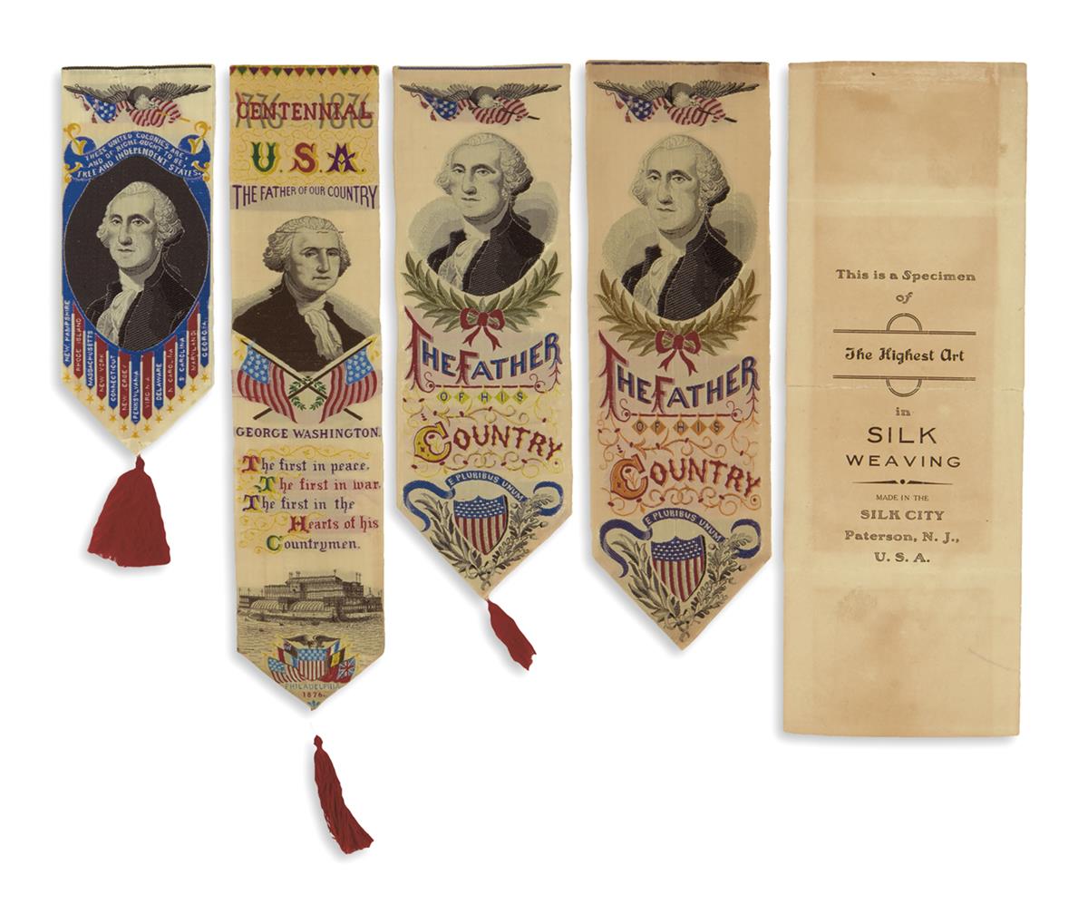 (WASHINGTON, GEORGE.) Group of 4 woven colored silk pictorial Stevengraph ribbons depicting Washington.